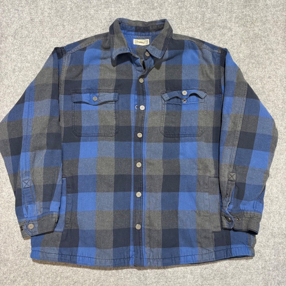 Duluth Trading Co Mens XXL Blue Gray Plaid Flannel Shirt Jacket Lined L/S